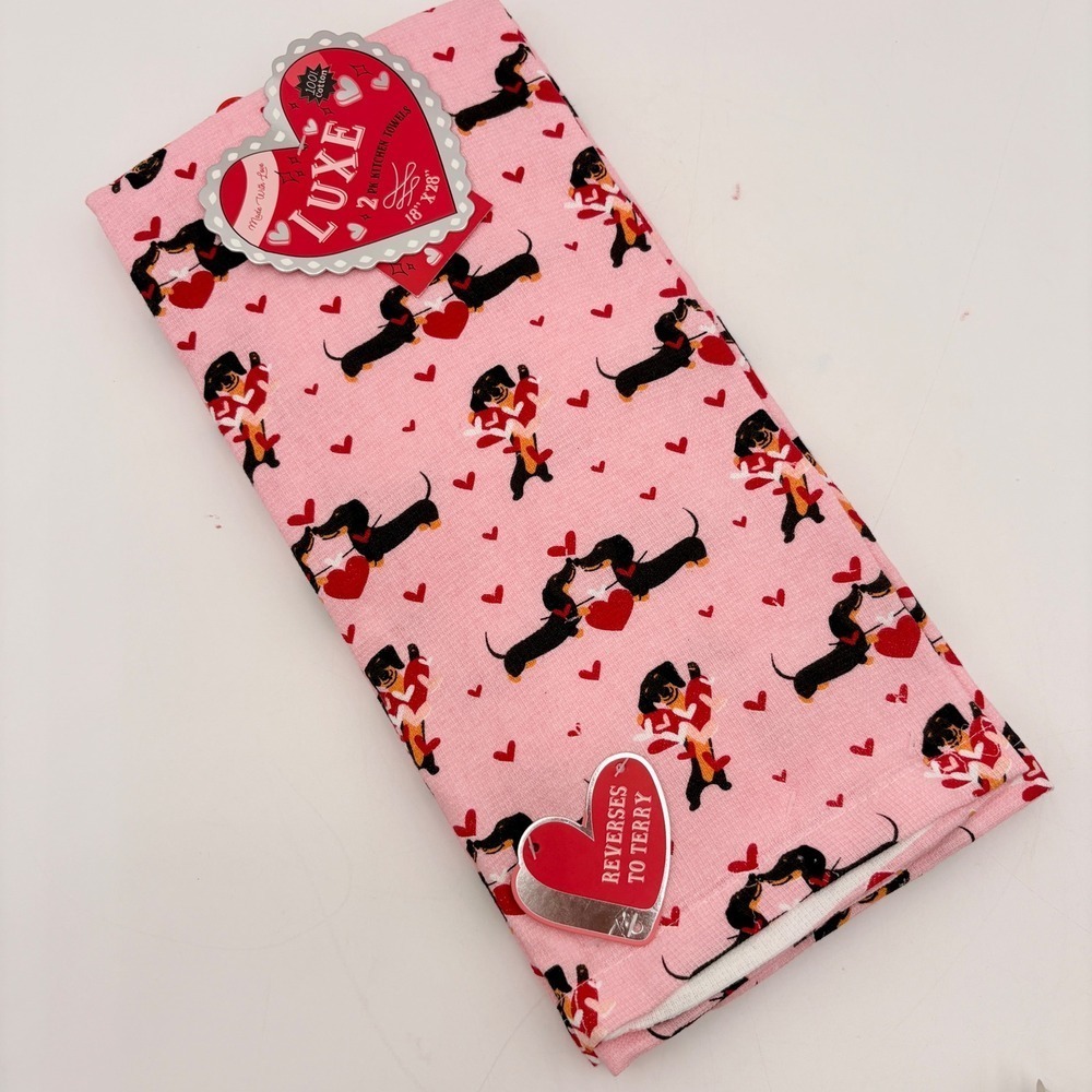 Luxe‎ Pink Dachshund Heart Kitchen Towels 2 Pack 100 Cotton Reversible Terry